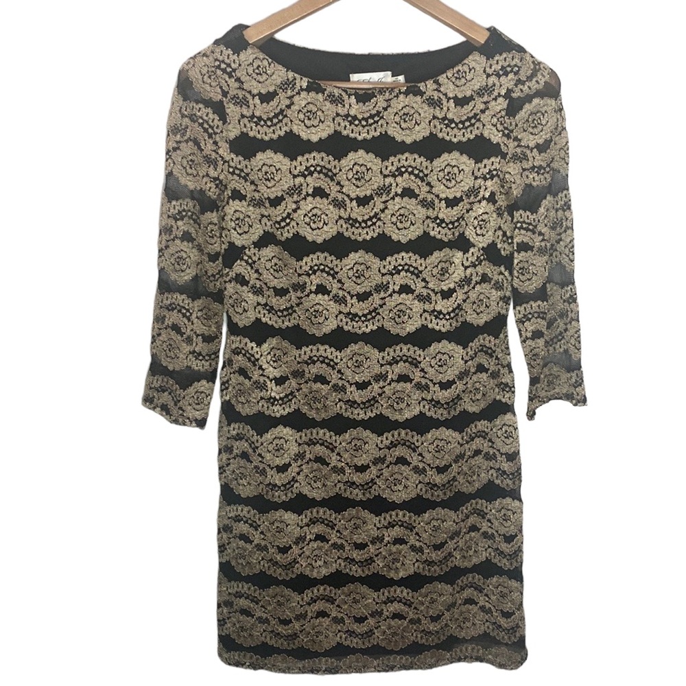 Eliza J golden floral scalloped lace mesh overlay shift cocktail dress size 10p